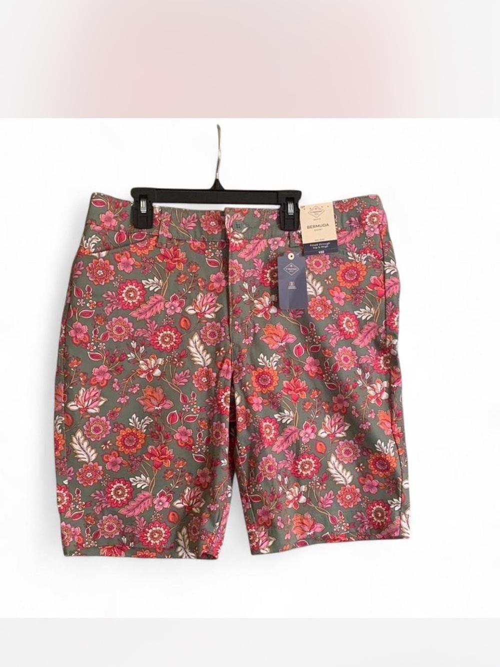 Womens  Floral Print Casual Shorts - Olive with Pink Floral size 12P